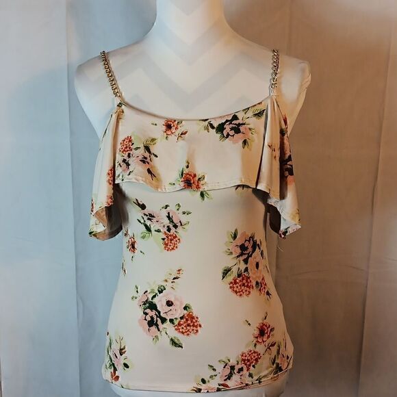 First Love Tops - First Love Cold Shoulder Chain Straps Floral Top